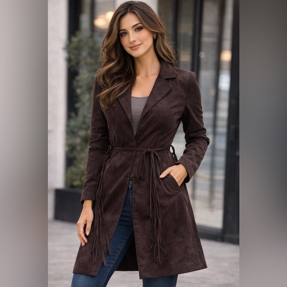 Next Faux Suede Long Trench Coat Button Front Chocolate Brown Sz US 8 (S…